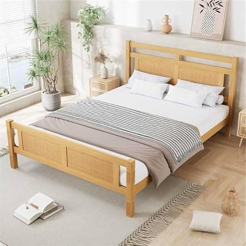 Image of BTM Wooden Double Bed, MDF Double Bed Frame with Rattan Paper, Pine+MDF+Plywood, Wood Colour,4ft6-135x190cm, No Mattress