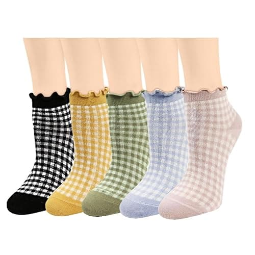 Image of Benefeet Cute Ankle Socks for Women & Girls - Ruffle & Frilly Socks, Cotton Low Cut with Lettuce Trim, Checkered（black，yellow，green，blue，purple）, One size