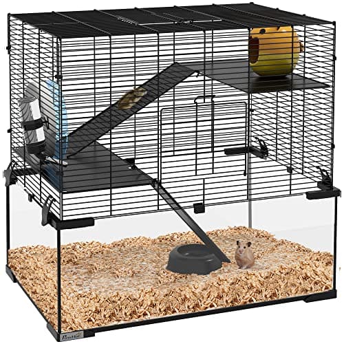 Image of PawHut 3 Tiers Hamster Cage, Gerbil Cage with Deep Glass Bottom, Non-Slip Ramps, Platforms, Hut, Exercise Wheels, Water Bottle, Dish, for Syrian and Dwarf Hamster, 60 x 40 x 54.5cm