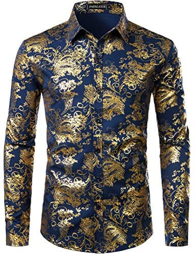 Image of PARKLEES Men's Luxury Paisley Gold Shiny Printed Stylish Slim Fit Button Down Dress Shirt PZLCL18 Navy Gold XL