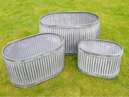 Image of My Square Mile Galvanised Trough Planters Outdoor, Vintage Garden Dolly Tubs, Metal ZInc Coated Flower Pots (Set Of 3)