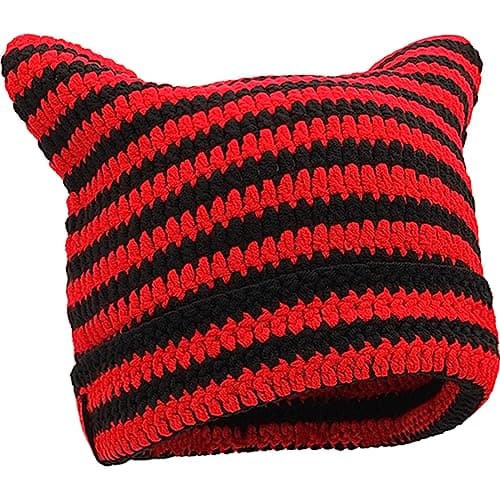 Image of XYIYI Black Red Crochet Hats for Women Cat Ear Knit Hat Vintage Beanie Grunge Accessories Slouchy Beanies for Womens