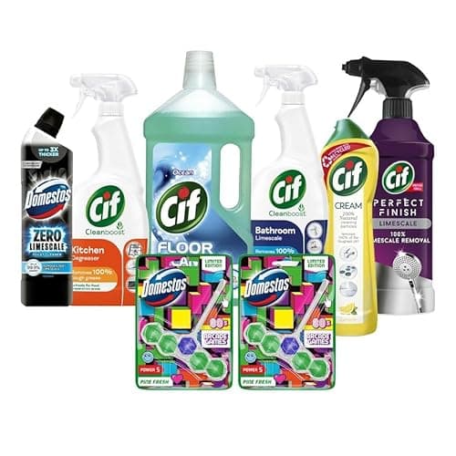 Image of Cif & Domestos Cleaning Essentials Kit - Includes Cif Original Cream Cleaner, Ocean Floor Cleaner, Power & Shine Bathroom & Kitchen Sprays, Limescale Spray, Domestos Toilet Cleaner & Rim