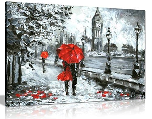 Image of Oil Painting Street View Of London Artwork Black White And Red Big Ben Canvas Wall Art Picture Print (36X24)