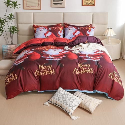 Image of Father Christmas Royal Santa Claus Merry Santa Xmas Kitty Duvet Quilt Cover & Pillowcase Bedding Set Multi-Colour Snowman Presents Set Ultra Soft Easy Care, Modern Design (Single, Santa Red)