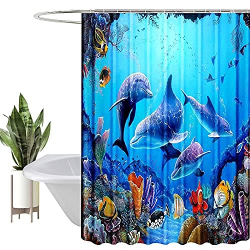Image of HEYOMART Shower Curtain Heavy Duty Polyester Fabric Waterproof Shower Curtain Liner, 3D Digital Painting Pattern for Shower Stall, Bathroom Curtains with 12 PCS Hooks (180x180cm, Blue Coral Dolphin)