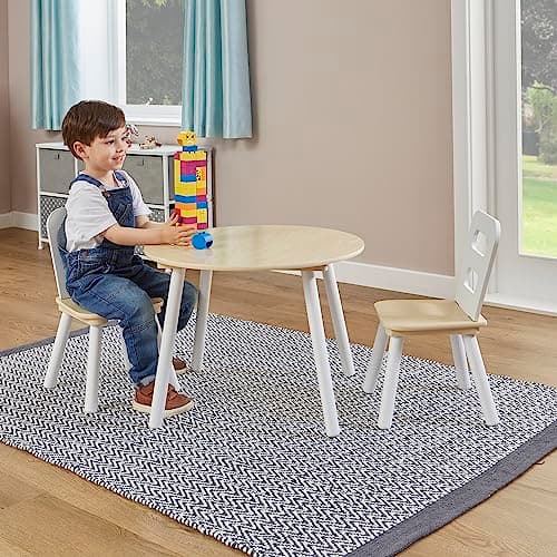 Image of Liberty House Toys TF4915-N Kids Wooden Round Table and 2 Chairs Set, White and Pine,H440 x W600 x D600mm