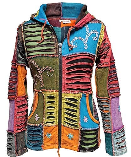 Image of SHOPOHOLIC FASHION Women's Patchwork Cotton Stonewashed Boho Razor Cut Hippie Zip Up Hoodie Jacket, 2X-Large