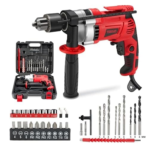 Image of TEENO Electric Corded Hammer Drill 910W 38pcs Accessories with Carring Case, Hammer Drill 0-3000RPM, Variable Speed, 13mm Chuck, 360° Auxiliary Handle, for Concrete, Iron Plate, Masonry and Wood