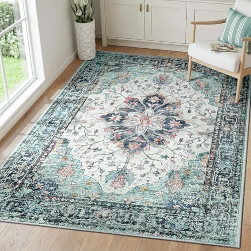 Image of INOVADAY Machine Washable Rugs 90x150 cm Vintage Area Rug Low Pile Anti-Slip Carpet with Print Pattern for Living Room Bedroom Home Office Indoor Blue/Teal Green/Navy/Red