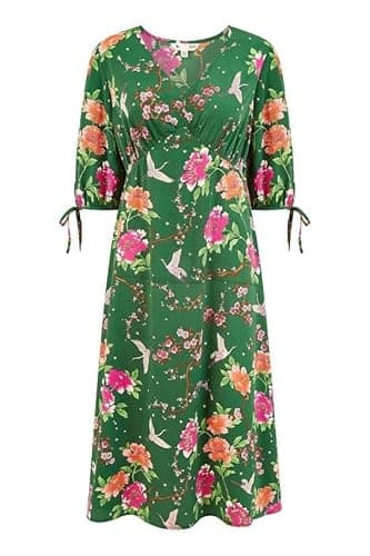 Image of Yumi Green Recycled Crane Print Kimono Midi Dress (UK, Numeric, 10, Regular, Regular, Green)