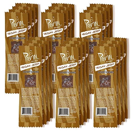 Image of Primal Spirit, Vegan Meatless Jerky Strips - High Energy, High Protein, Non-GMO, 93% Fat-Free Snacks, Vegan Jerky - 28g, Pack of 24 Hickory Smoked Flavour