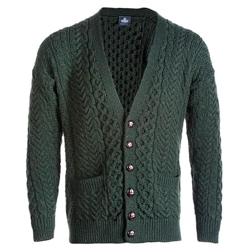 Image of Aran Woollen Mills Irish cardigan with front pockets and buttons, super soft merino wool knitted cardigan for men, dark green, XL