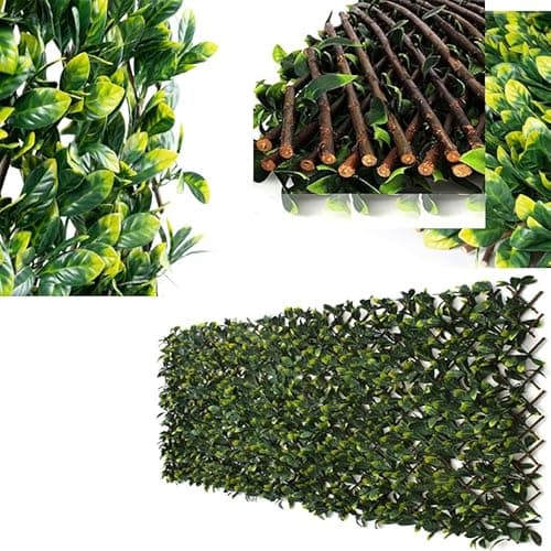 Image of 2m x 1m Artificial Laurel Leaf Expanding Fence, UV-Protected Privacy Screen for Garden, Balcony, Patio Greenery Trellis, Weather-Resistant Indoor Outdoor