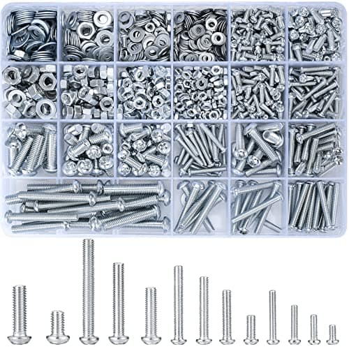 Image of Vwoqiy 1080 Pcs Round Head Screws Nuts Flat Washers Assortment Kit, M3 M4 M5 M6 Cross Pan Head Machine Screws and Hex Bolts and Nuts Sets - 900g/16 Size (silvery 1080)