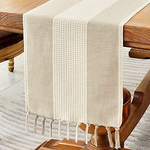 Image of Wracra Cotton Linen Light Coffee Table Runner 180cm Long with Hand-tassels, Macrame Table Runner for Holiday Parties and Everyday Use(Light Coffee, 180cm)