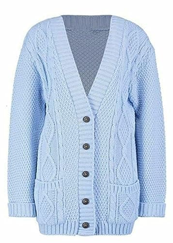 Image of FASHION MY LOVE New Womens Everyday Long Sleeve Button Top Ladies Chunky Aran Cable Knit Grandad Cardigan UK Size 8-26 Sky Blue