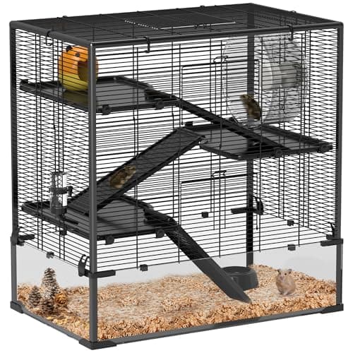 Image of PawHut Hamster Cage with 23 cm Tempered Glass Bottom, 4 Tier Large Hamster Tank with Hut, Running Wheel, Platforms, Ramps, Food Dish, Water Bottle, for Syrian, Dwarf, Rats, Gerbils, 78.5 x 48.5 x 80cm