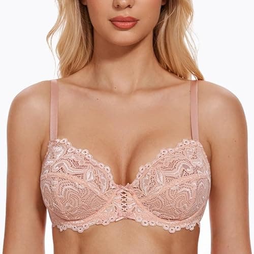 Image of WingsLove Women's Floral Lace Bra Underwire Non Padded Soft Cup Full Coverage Pink Nude 38DD