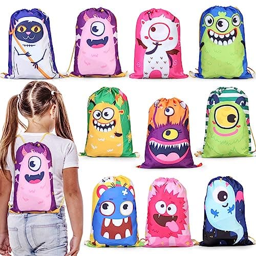 Image of kramow 10 Drawstring Bags for Kids, Party Favor Bags with Monster Pattern,Gift Bags for Children Christmas, Portable Party Accessories, School and Outdoor Supplies, Backpack