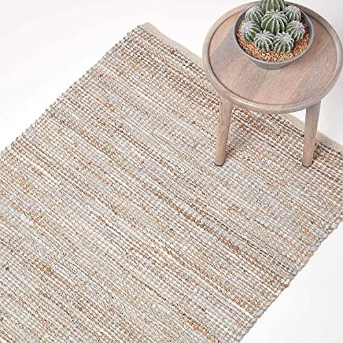 Image of HOMESCAPES Leather Rugs Living Room, Natural Handwoven Madras Leather Hemp Rug, 100% Recycled & Planet Friendly, Large Natural Beige Grey Carpet for Bedroom, Hallway & Kitchen, 90 x 150cm