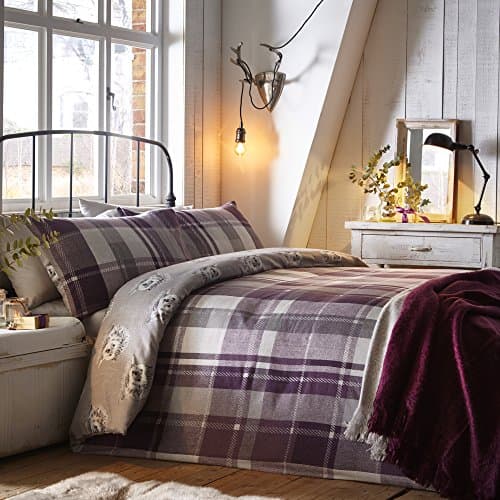 Image of Dreams & Drapes Colville Check-100% Brushed Duvet Cover Set, 100% Cotton, Plum, Single Bed
