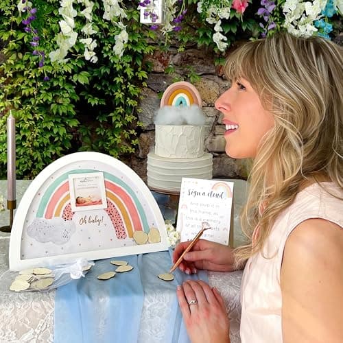 Image of Kate Aspen Boho Baby Shower Guest Book Alternative Rainbow Frame with 30 Wooden Clouds, Frame for Sonogram Picture, Rainbow Baby Shower Decorations & Keepsake, Nursery Decor