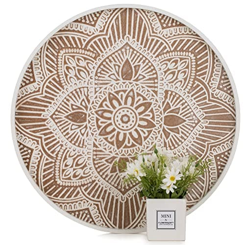 Image of Hanobe Large Wood Decorative Tray: Boho Rustic Ottoman Tray Farmhouse Coffee Table Centerpiece Decor - Wooden Serving Round Tray for Kitchen Counter 45cm