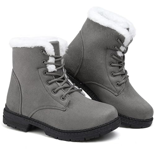 Image of Snow Boots Womens Winter Walking Cotton Warm Fur Lined Snow Shoes Ankle Mid Calf Lace Up Suede Casual Non-Slip Lightweight Outdoor Ladies Booties