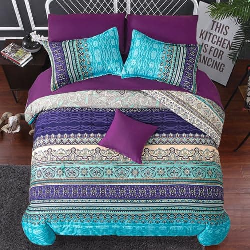 Image of King Size Bohemian Duvet Cover Purple and Blue Colorful Boho Bedding Set with 2 Pillowcases Soft Microfiber Moroccan Bed Cover 220cm X 230cm