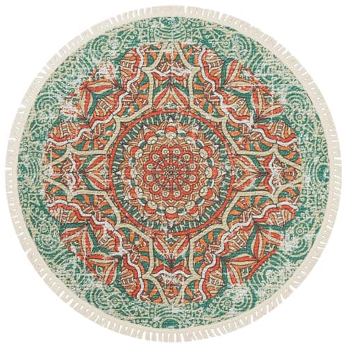 Image of Terafeels Rugs Round Area Rug Dia Round Teal & Orange Mandala Design Non-Shedding Easy Care Ideal for High Traffic Areas in Living Room Bedroom Kitchen Entryway Laundry Dining Room (2904, 2ft or 60cm)