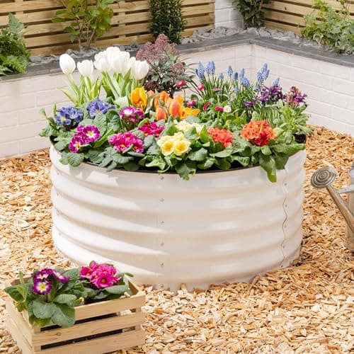 Image of CHRISTOW Circular Raised Garden Bed – 90cm x 45cm, Cream Galvanised Steel Planter, Open Base for Drainage, Outdoor Grow Bed for Plants, Flowers & Vegetables, Protective Rubber Rim