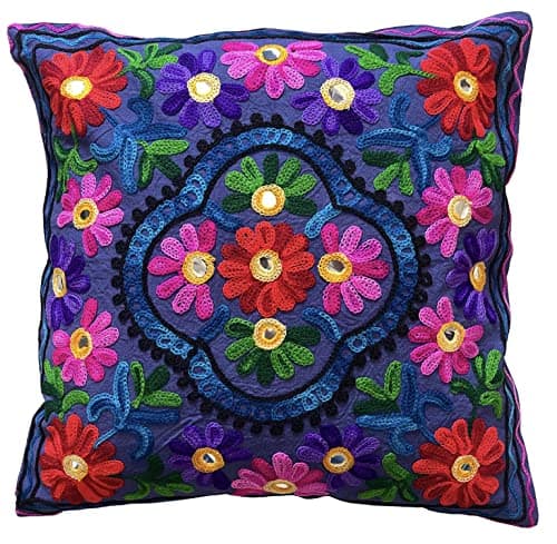 Image of Original Kikan Suzani Multi Colour Floral Embroidery 16"x16" 40 x 40 cm Indian Ethnic Cushion Cover Takiya Sofa pillow Zipper Back (NAVY)