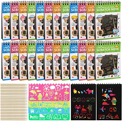 Image of Suwimut 24 Pack Rainbow Scratch Paper Art Notebooks, Scratch Note Pads Rainbow Scratch Paper Black Scratch Off Note Sheet with 24 Wooden Stylus & 4 Drawing Stencils for People Birthday Gift