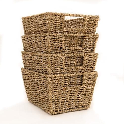 Image of Libbi Lou Set of 4 Seagrass Storage Baskets – Natural Woven Storage Boxes with Handles – Decorative Organisers for Shelves, Cupboards or Living Room (30x22x15cm Each)