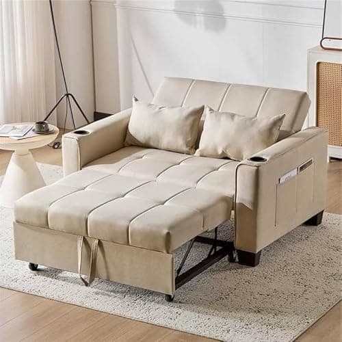 Image of BTM 2 Seater Sofa with Cup Holders, Fabric Pull Out Sofa Bed, Foldable Sofa Couch Chaise Lounge for Living Room/Apartment/Small Space, Beige