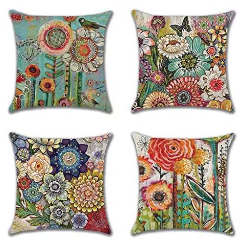 Image of JOTOM Set of 4 Floral Throw Pillow Covers 18x18 Inch Summer Decorative Square Cushion Covers 45x45 cm Sofa Colorful Flowers Cushion Cases for Outdoor Home Bed Couch Farmhouse Decor (Colorful Flowers)