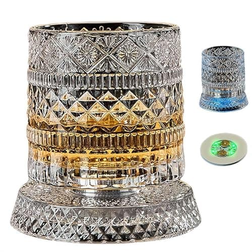 Image of 360° Rotating Whiskey Glass with Stable Decoupled Base, Spinning Crystal Whiskey Tumbler Glasses with Light-up Coaster, Stress Relief Drinking Cup, Birthday Valentine's Day Gift for Husband Father
