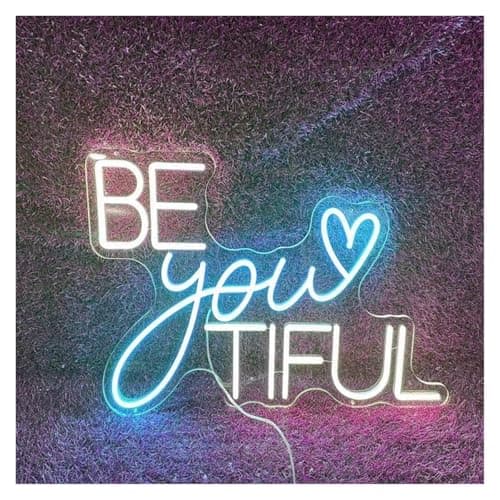 Image of XENITE Hanging Art Neon Signs Be You Tiful Neon Sign USB Powered Dimmable LED Light for Bedroom Shop Salon Apartment Birthday Party Wall Decor 42cmx30cm(White Ice Blue)