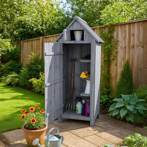 Image of Airwave Outdoor Bideford Wooden Garden Tool Cabinet Shed, 3 Alternate Storage Spaces, Storage for Tools and Equipment, Wooden Latch (Grey)