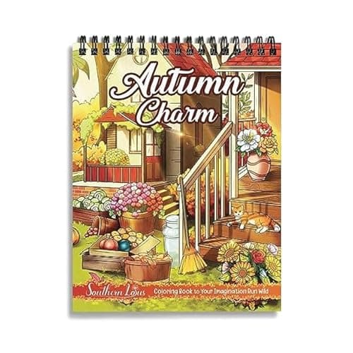 Image of Autumn Charm Coloring Book for Adults Women Spiral Girls Wirebound Hardcover Large Print Pages with Charming Fall Scenes Beautiful Landscapes Lovable Gardens Relax Relieve Stress