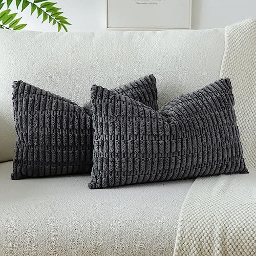 Image of JOTOM Set of 2 Corduroy Soft Striped Cushion Covers 30x50 cm Boho Decorative Throw Pillow Covers Lumbar Cushion Case Couch Home Decor Pillowcases for Sofa Bedroom 12x20 Inch (Dark Grey)