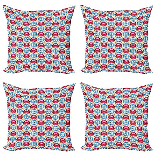 Image of ABAKUHAUS Colorful Throw Pillow Cushion Case Pack of 4, Slavic Russian Folk Floral, Modern Accent Double-sided Digital Printing, 45 cm x 45 cm, Multicolor