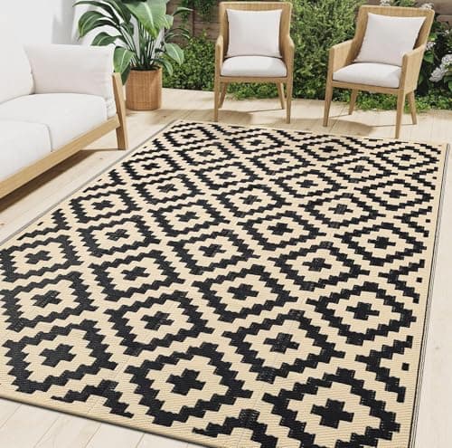Image of smiry Outdoor Rug Waterproof Large Garden Rugs UV-Resistant Outside Patio Carpet Reversible Plastic Straw Mat for Balcony, Camping, Picnic, Backyard - 240 x 300 cm, Black & Beige