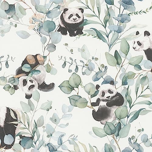 Image of Rasch Wallpaper 301144 Light Non-Woven Wallpaper with Eucalyptus and Pandas in Watercolour Look, Children's Bedroom Wallpaper, 10.05 m x 0.53 m (L x W)