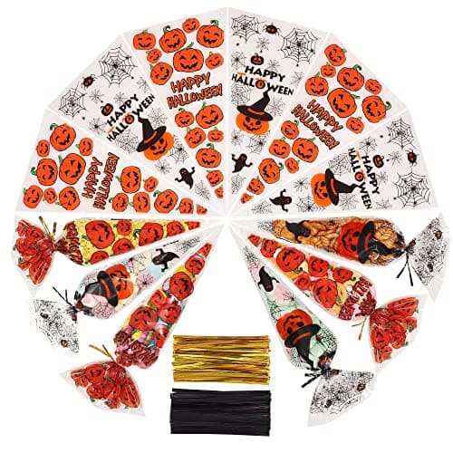 Image of AUERVO 100Pcs Halloween Cone Bags, Pumpkin and Spider Web Treat Bags With Gold and Black Twist Ties for Party Favor Snacks Candy Kids Gift