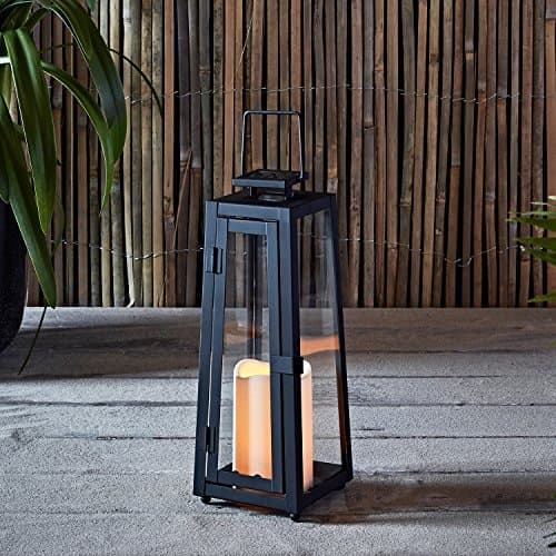 Image of Lights4fun 30cm Outdoor Garden Solar Powered Black Metal Decorative Candle Lantern IP44 Waterproof