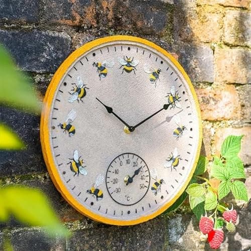 Image of Garden Mile Yellow 30cm Bee Outdoor Clock and Thermometer for Garden Durable Weatherproof Large Round Wall Clock Fence Decoration Bee Clocks for Garden, Kitchen, Livingroom and Patio