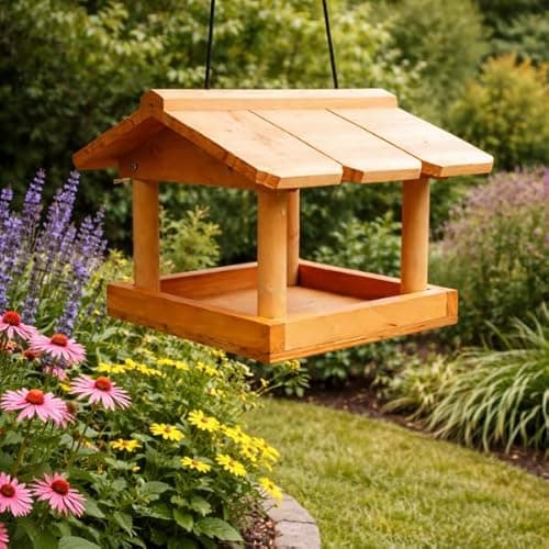 Image of Garden Mile Hanging Wooden Bird Feeder Table with Seed Compartment - Deluxe Bird Feeding Station and Free Standing Suet Cake Fat Balls for Yard, Patio, or Garden