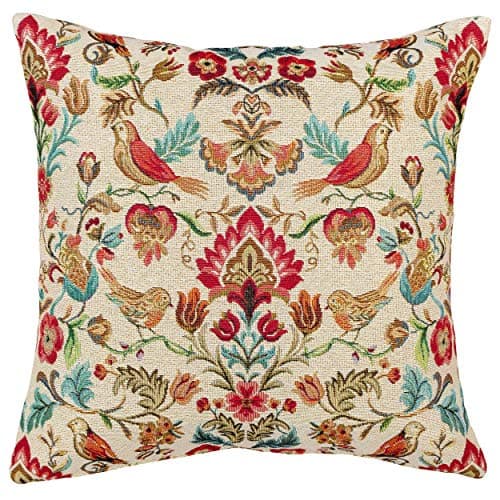 Image of Linen Loft Traditional Style Morris Tapestry Cushion Cover. Birds and Trailing Flowers. 17x17 (48cm) Square Pillow Case. Vintage Victorian Styling.
